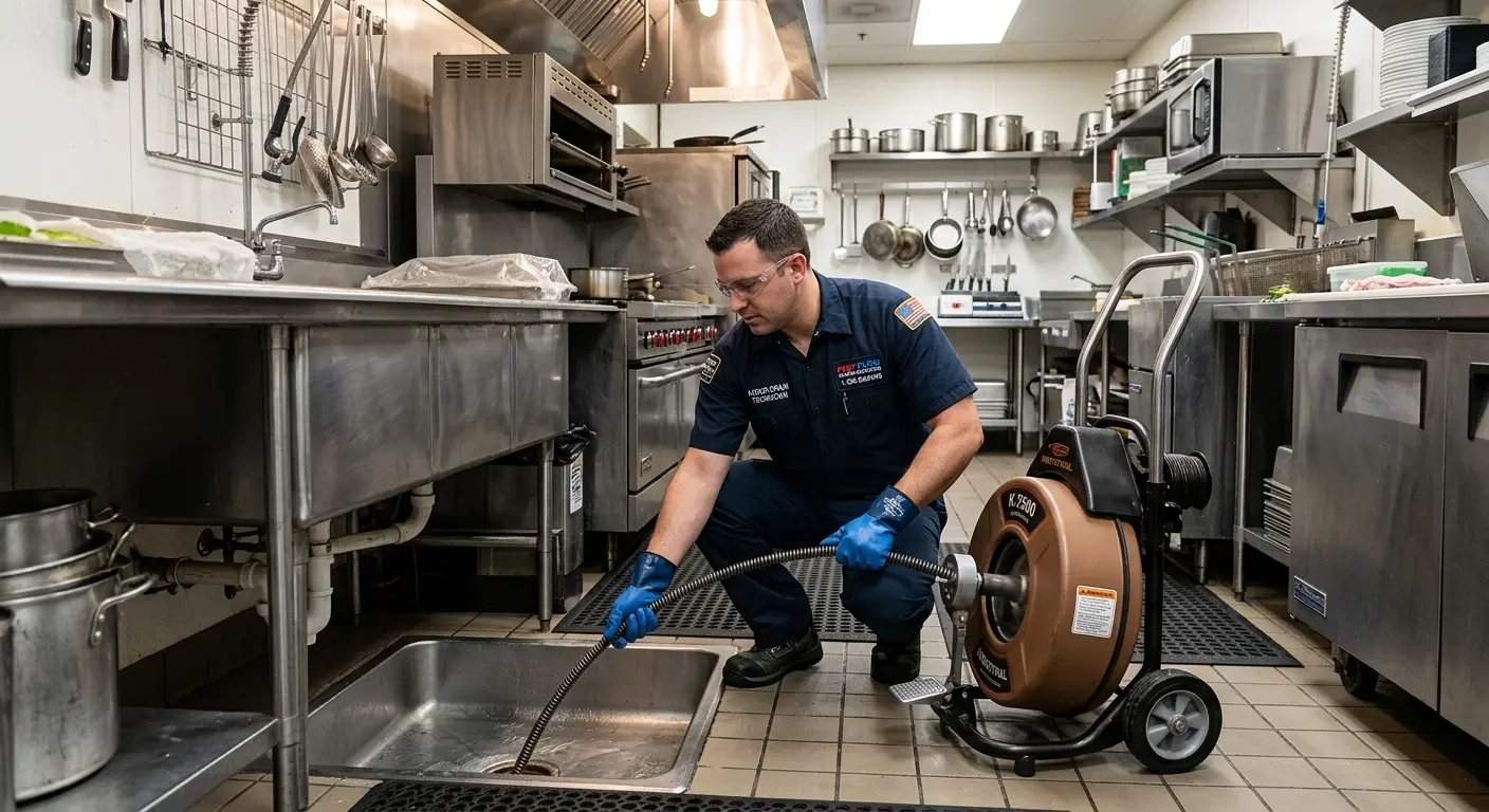 Commercial drain cleaning service in a restaurant kitchen in Lacy-Lakeview