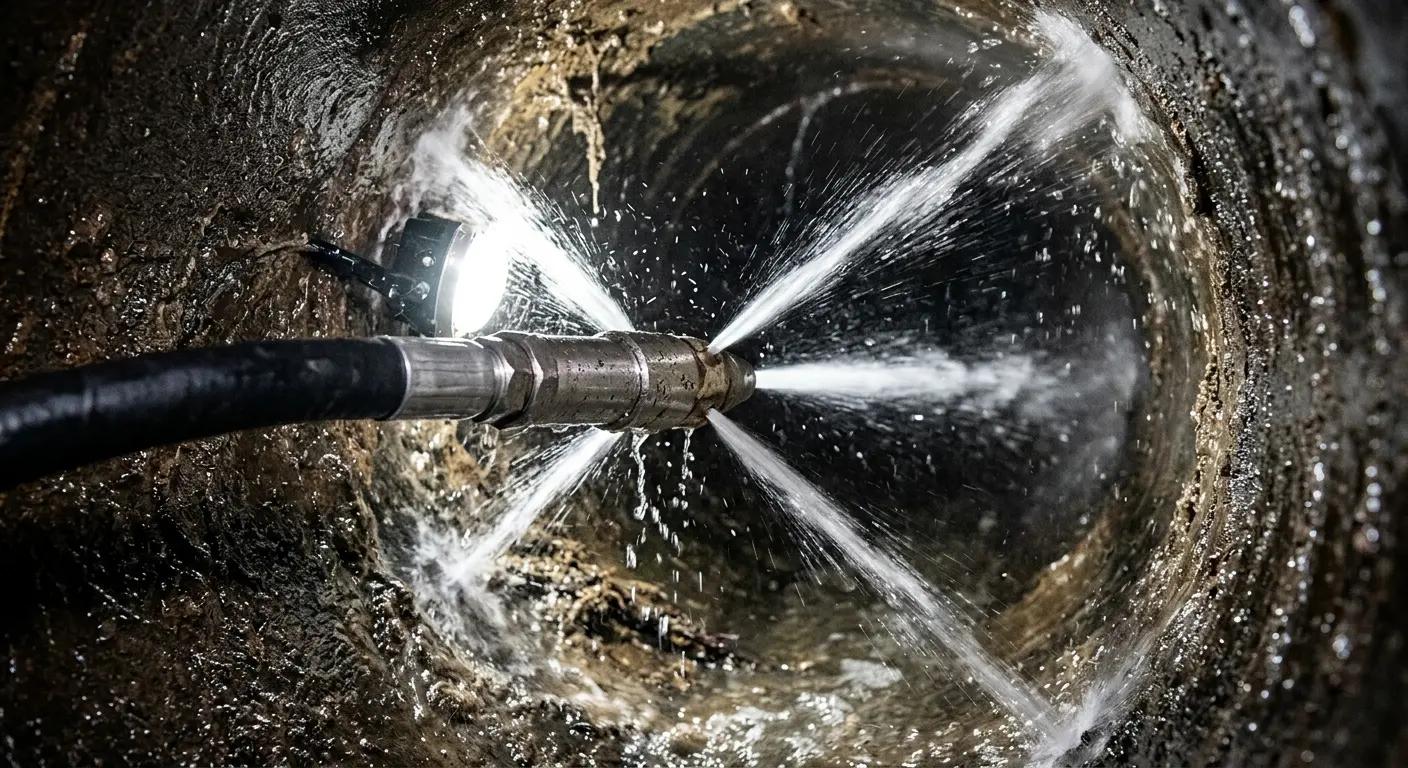High-pressure hydro jetting nozzle cleaning sewer pipe for Trenchless Sewer Repair in Lacy-Lakeview