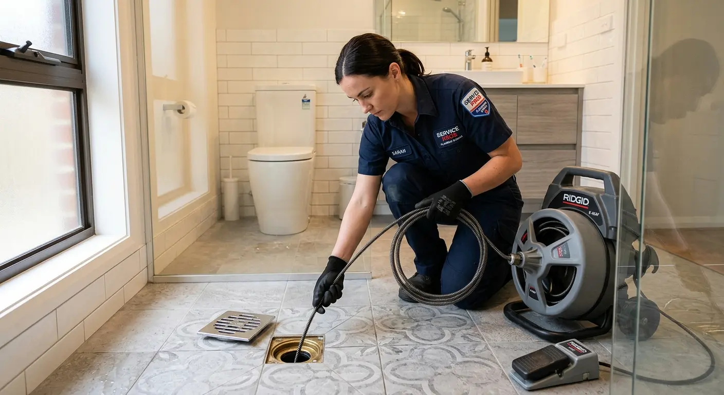 Technician clearing a bathroom floor drain for Clogged Drain Repair in Lacy-Lakeview